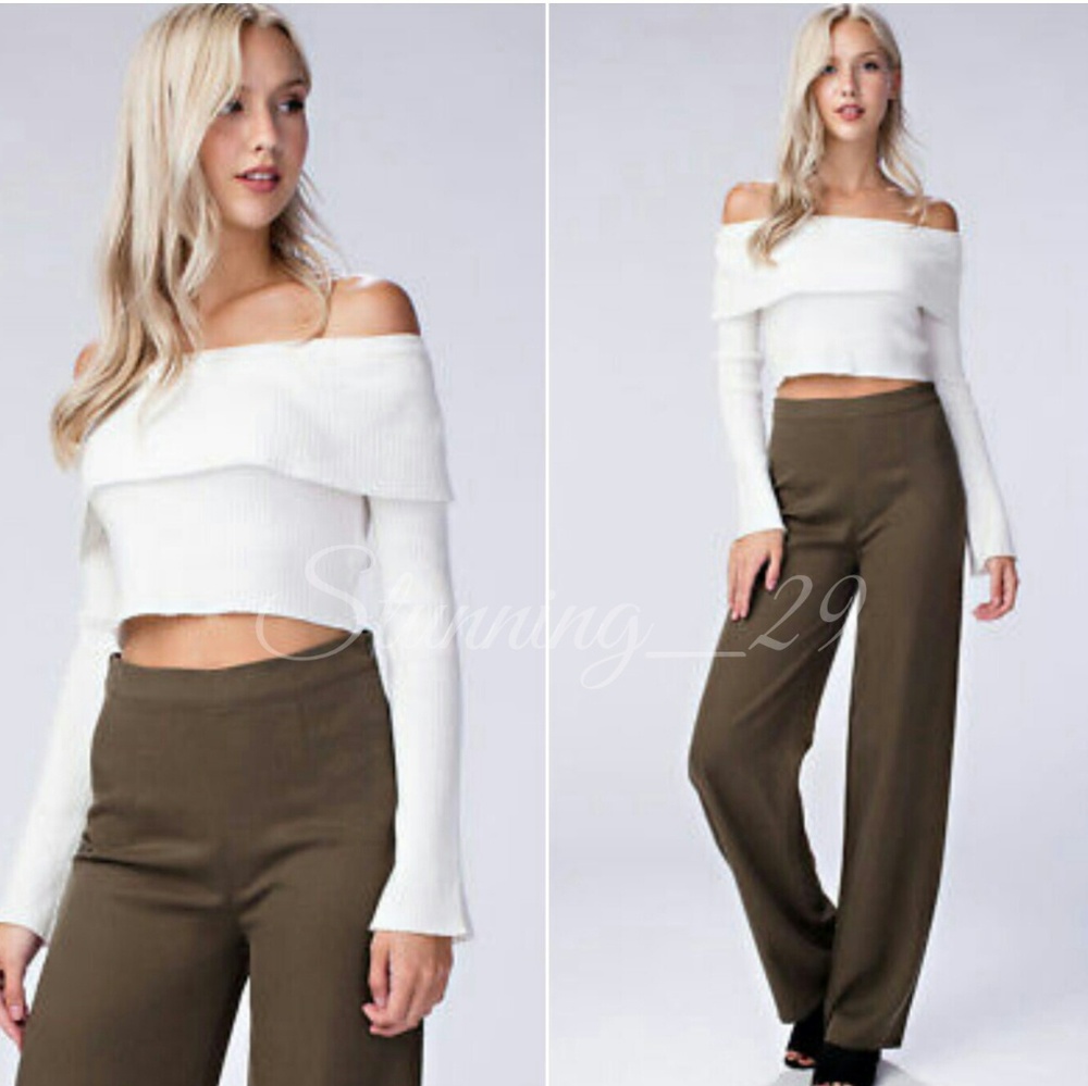 🆕️5☆ IVORY OFF SHOULDER  RIBBED RUFFLE KNIT TOP